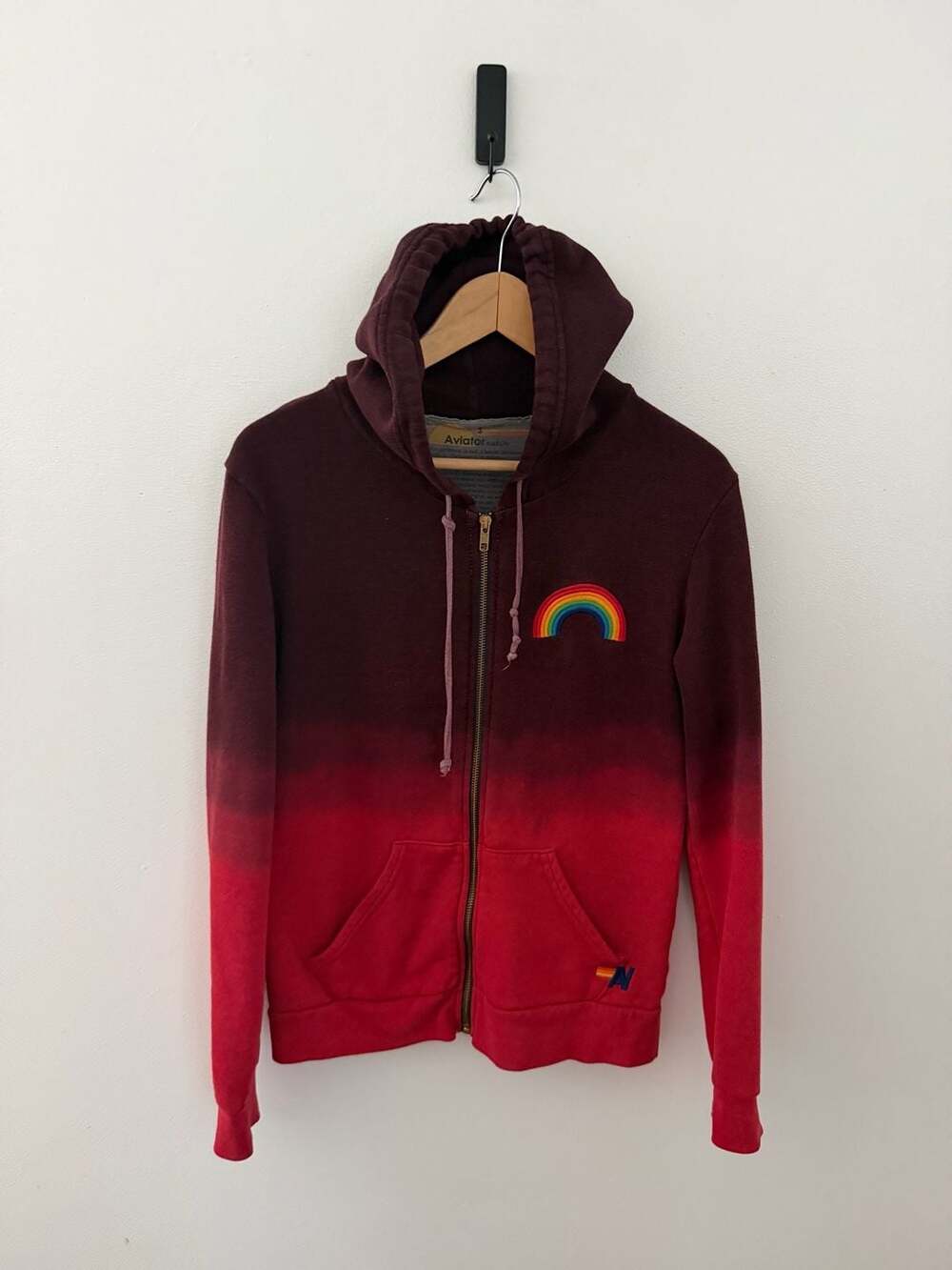 Aviator Nation Ombré Red Burgundy Rainbow Embroidered Zip Up Hoodie Size S